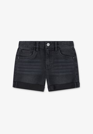 Shorts en denim gris foncé avec légère décoloration. Dotés d'une fermeture à bouton, cinq poches et ourlets retroussés pour un design décontracté.