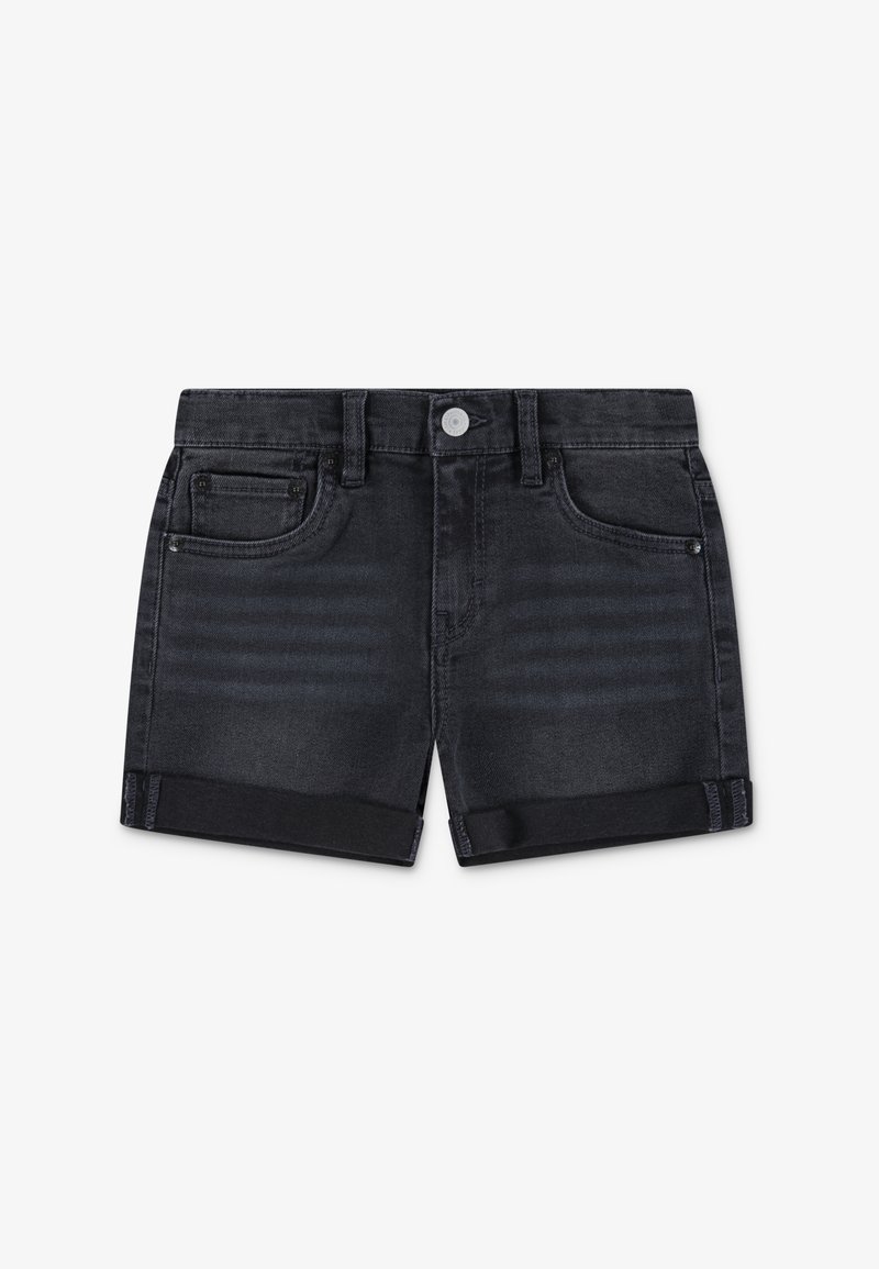 Shorts en denim gris foncé avec légère décoloration. Dotés d'une fermeture à bouton, cinq poches et ourlets retroussés pour un design décontracté.