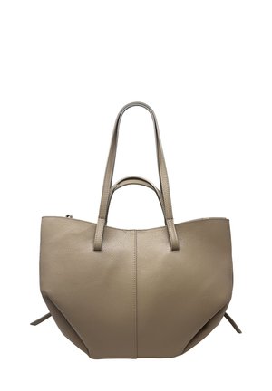 Borsa tote in pelle beige con due manici lunghi e due corti, base rettangolare e bordi leggermente arrotondati, mostrata su sfondo bianco.
