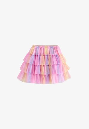 Gelaagde tule rok in pastelroze, paars en geel met een elastische tailleband en vier geplooide lagen.