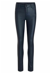 Pantalones de imitación de cuero de cintura alta en azul marino con un corte ajustado, que cuentan con un botón frontal y cierre de cremallera, así como bolsillos. Textura suave y elegante.