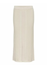 Stickad midi kjol i ljus beige, med vertikala kabelstickade mönster och en figurnära midjeresår. Mjuk, strukturerad tyg, avslappnad design.