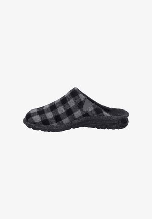Black and gray checked slippers with a soft textile upper, open back, and textured rubber sole. The design features a fuzzy lining.