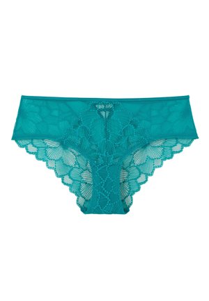 Bikini in pizzo color turchese con motivi floreali, texture trasparente e bordi scallopati. Il pannello centrale presenta un'elegante lavorazione in pizzo.
