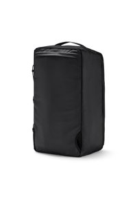 Black travel bag with a rectangular shape, made of durable fabric. Features a top handle and side ventilation opening, zippered closures.