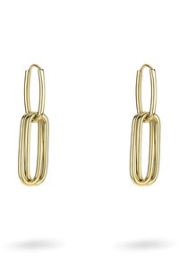 Ohrringe in Goldoptik, die aus länglichen, miteinander verbundenen ovalen Formen bestehen, mit einem glänzenden Finish und einer glatten Textur, die an einem einfachen Ring hängen.