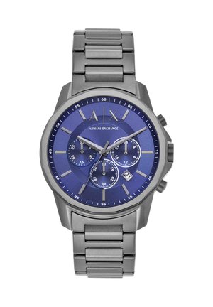 Armani Exchange horloge van roestvrij staal met blauwe wijzerplaat, drie subwijzerplaten, zilveren uurmarkeringen en datumweergave om 4 uur.