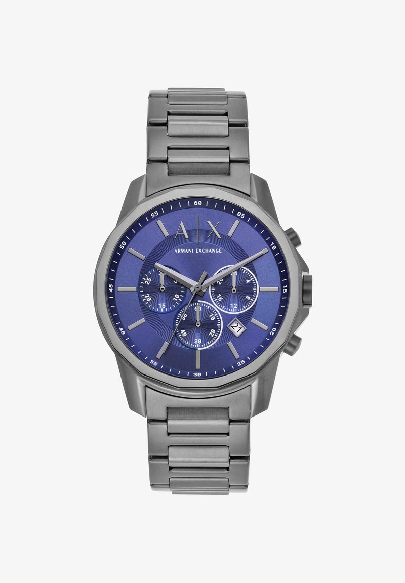 Reloj de pulsera Armani Exchange de acero inoxidable con esfera azul, tres subesferas, marcadores de hora plateados y visualización de la fecha a las 4 en punto.