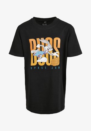 Černé bavlněné tričko s grafikou Bugs Bunny hrajícího basketbal, s textem "SPACE JAM" v oranžové a modré. Klasický kulatý výstřih.