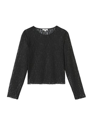 Top en dentelle noire à manches longues avec un col rond. Présente un motif floral texturé et un design court pour une silhouette ajustée.