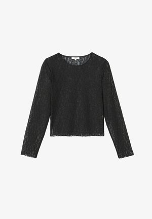 Top en dentelle noire à manches longues avec un col rond. Présente un motif floral texturé et un design court pour une silhouette ajustée.