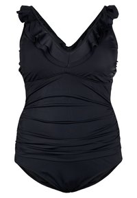 Maillot de bain une pièce noir avec des bretelles volantes, un col en V, une texture froncée et des coussinets amovibles pour un soutien supplémentaire.