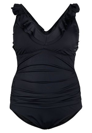 Čierny jednodielny plávky s volánikmi na ramienkach, V-výstrihom, riasenou textúrou a odnímateľnou výstužou pre dodatočnú podporu.
