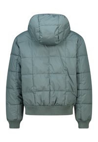 Gewatteerd jack in gedempt groen met capuchon, met doorgestikte gedeeltes, elastische manchetten en zoom, gemaakt van glad, waterafstotend materiaal.