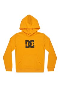 Žltá mikina s kapucňou vyrobená z bavlny, s veľkým čiernym logom na prednej strane, prednou kapsou a rebrovanými manžetami a lemom.