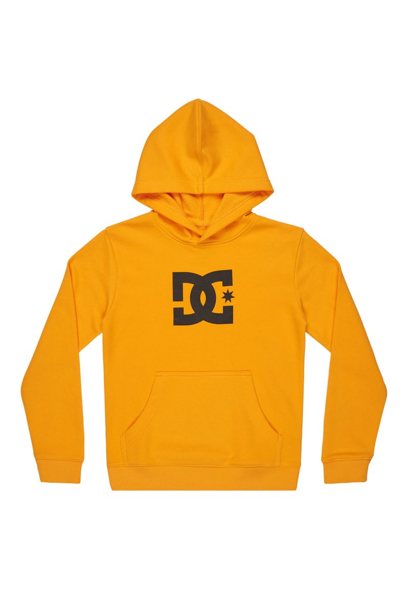 Žltá mikina s kapucňou vyrobená z bavlny, s veľkým čiernym logom na prednej strane, prednou kapsou a rebrovanými manžetami a lemom.