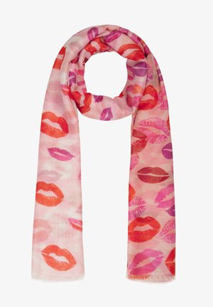 Écharpe rose clair avec motifs d'impressions de lèvres rouges, roses et violettes, tissu léger, délicatement enroulée au centre.
