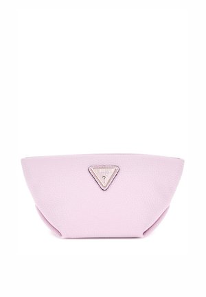 Pink textured leather pouch with a triangular silver logo accent at the front, featuring rounded edges and a zip closure at the top.