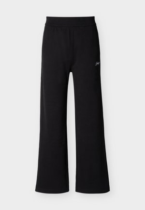 Black wide-leg pants with elastic waistband and small white signature detail on the upper left thigh, displayed on a plain background.