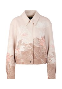 Cropped jacket in soft pink fabric featuring white and pale pink floral patterns. Buttoned front with a classic collar and long sleeves.
