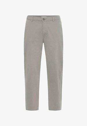 Lys grå hverdagsbukser med beltestropper, knappestenging foran og rette ben, vist mot en hvit bakgrunn.