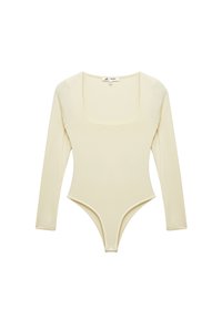 Długi rękaw bodysuit w jasnym żółtym kolorze, z kwadratowym dekoltem, dopasowanym krojem i zapięciem na zatrzask na dole. Gładki, elastyczny materiał.