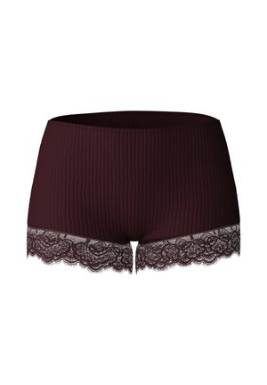 Burgunderfarbene, gerippte Stoffshorts mit einer Spitzenkante am Saum, die eine gewellte Kante für zusätzlichen Detailreichtum aufweisen. Insgesamt glatte Textur.