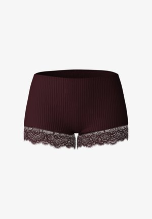 Shorts en tissu bordeaux à côtes avec une bordure en dentelle au bas, présentant un bord découpé pour plus de détails. Texture lisse dans l'ensemble.