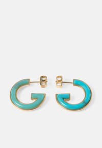 Gullfargede hoops med turkise emalje detaljer, med en buet 'G' design, teksturert overflate og post-back lukking.
