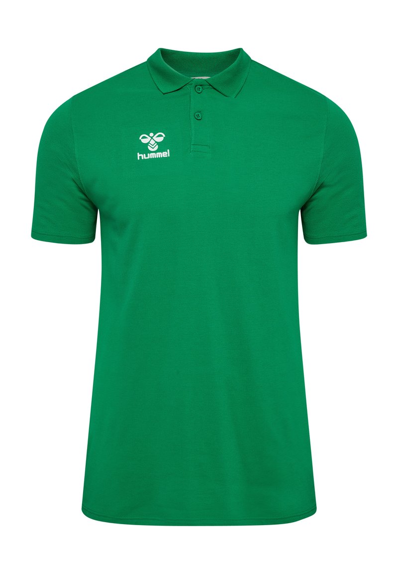 Grön kortärmad pikétröja med krage och två knappar, med en vit hummel-logotyp på vänster bröst.