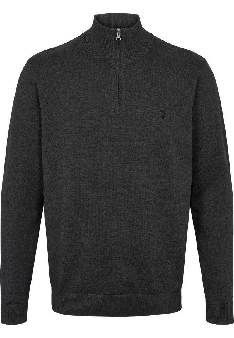 Mörkgrå stickad tröja med halv dragkedja i kragen, långa ärmar, ribbade ärmslut och nederkant, med en liten broderad logotyp på bröstet.