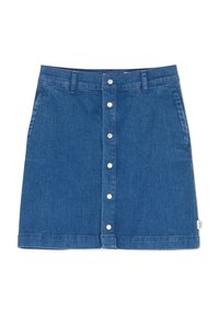 Jupe en denim bleu moyen, avec une coupe droite, un devant à boutons, deux poches latérales et un ourlet qui se situe au-dessus du genou.