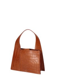 Borsa a mano in pelle marrone con stampa coccodrillo, dalla forma strutturata, con manico largo e apertura superiore che rivela un ampio interno.
