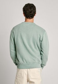 Gaiši zaļa kokvilnas džemperis ar apaļu kaklu, garām piedurknēm un ribotām aprocēm. Gluda tekstūra, minimālistisks dizains, bez redzamām logotipiem.