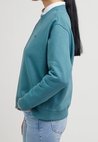 Sudadera de color turquesa con cuello redondo, puños y dobladillo acanalados. La tela parece suave con un diseño minimalista y un sutil detalle del logo.