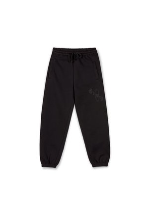 Black sweatpants made of soft fabric, featuring an elastic waistband with a drawstring, side pockets, and a subtle logo detail.