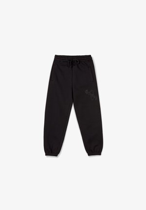 Schwarze Jogginghose aus weichem Material, mit einem elastischen Bund und Kordelzug, seitlichen Taschen und einem dezenten Logo-Detail.