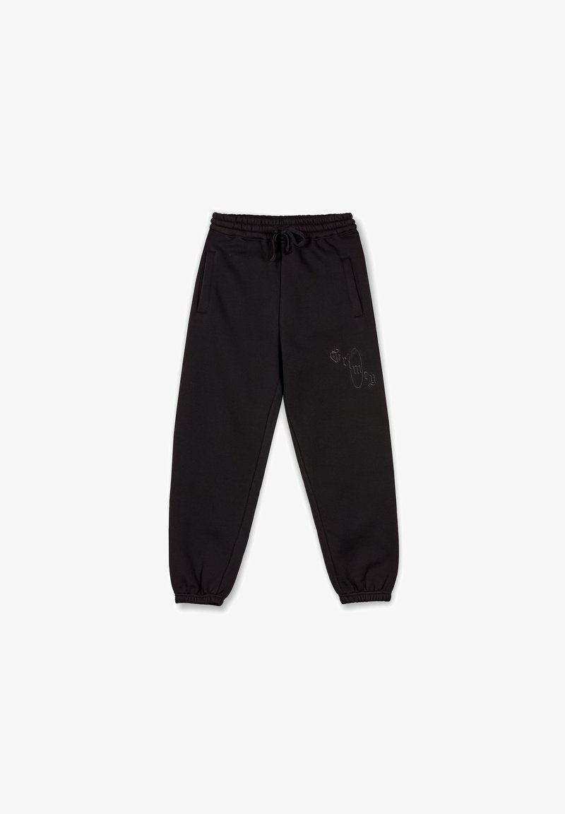 Pantalones de chándal negros hechos de una tela suave, con cintura elástica y cordón, bolsillos laterales y un discreto detalle de logo.