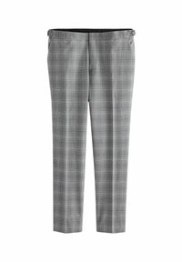 Pantalons à carreaux gris avec une coupe ajustée, un tissu lisse, une taille noire et un motif à carreaux subtil. Design à jambe droite.