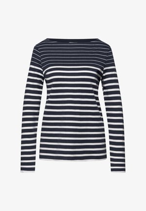 Marineblå og hvid langærmet skjorte med vandrette striber, der har bådudskæring og en tætsiddende silhuet.