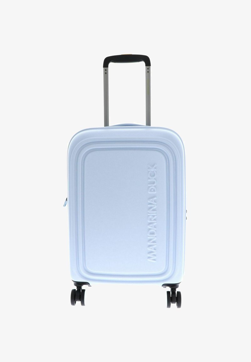 Harde koffer in lichtblauw met logo, afgeronde hoeken, uitschuifbare handgreep, vier zwarte wielen voor mobiliteit en ritssluiting.