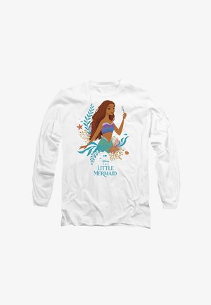 Long-sleeve white shirt featuring a colorful graphic of a mermaid with brown hair, surrounded by aquatic elements and the text "The Little Mermaid."