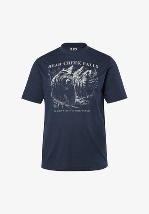 Mørkeblå bomulds T-shirt med korte ærmer, der har et grafik af en bjørn og bjerg med teksten "BEAR CREEK FALLS" i lys farve.