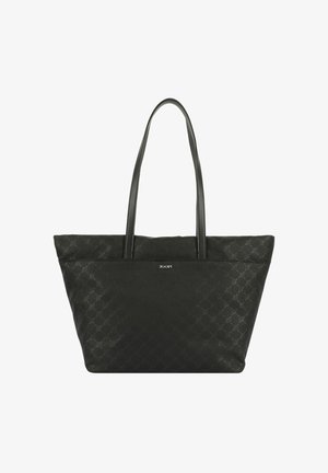 Czarna torba na ramię wykonana z teksturowanego materiału z wzorem. Posiada dwa paski na ramię oraz srebrne logo z przodu.