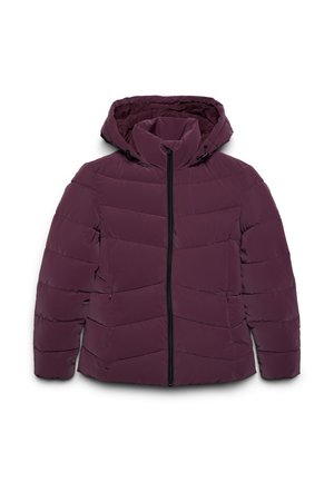Giubbotto imbottito di colore viola intenso, con cappuccio, chiusura con zip e cuciture orizzontali. La superficie sembra liscia e isolante.