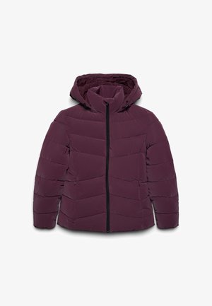 Giubbotto imbottito di colore viola intenso, con cappuccio, chiusura con zip e cuciture orizzontali. La superficie sembra liscia e isolante.