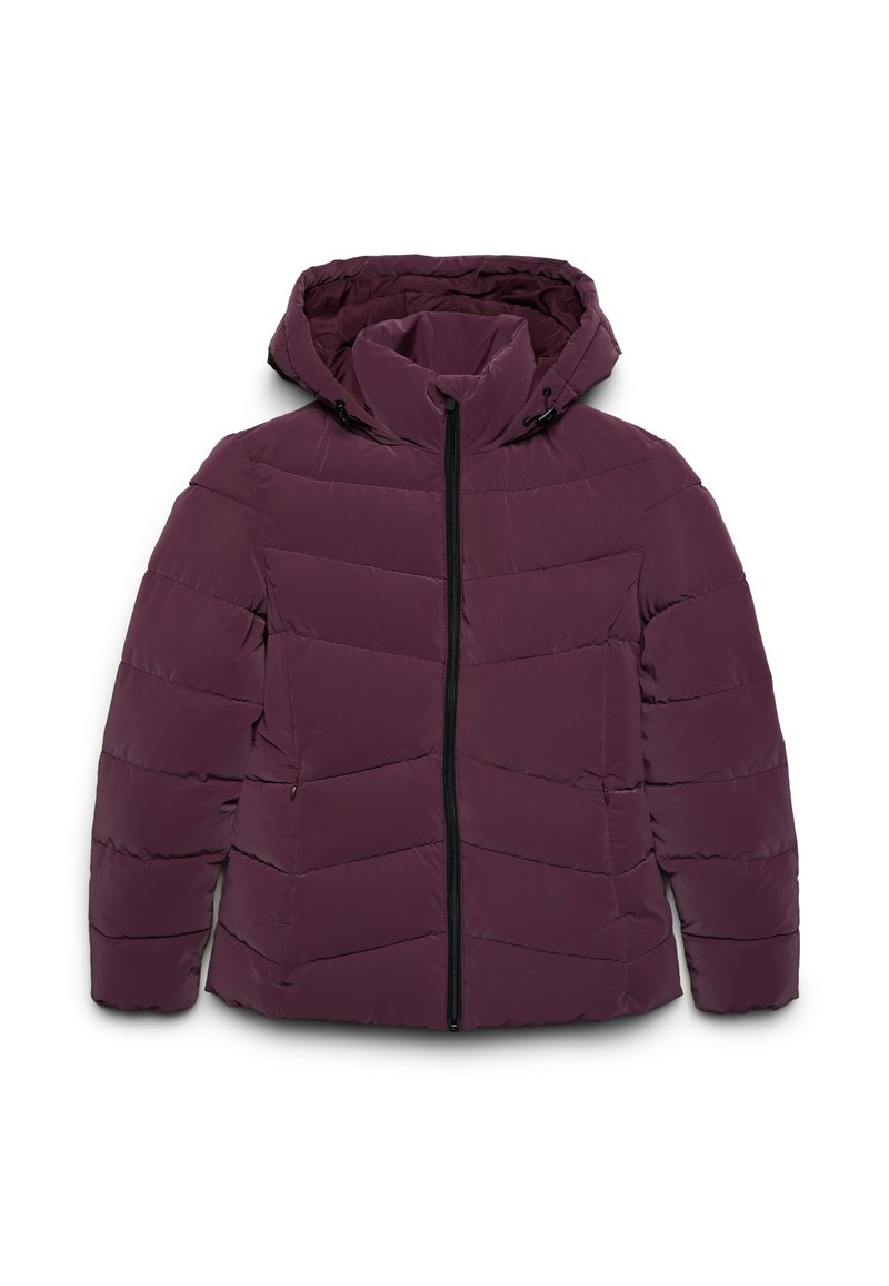 Giubbotto imbottito di colore viola intenso, con cappuccio, chiusura con zip e cuciture orizzontali. La superficie sembra liscia e isolante.