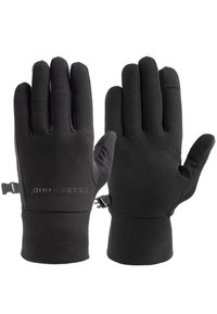 Juodi pirštinės, pagamintos iš minkštos medžiagos, su tiksliai priglundančiu dydžiu, reguliuojamais riešo dirželiais ir logotipu, išspaudžiamu delno srityje.