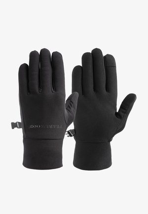 Schwarze Handschuhe aus einem weichen Material, mit passgenauer Passform, verstellbaren Handgelenkriemen und einem eingravierten Logo im Handflächenbereich.