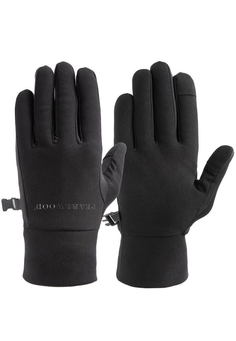 Juodi pirštinės, pagamintos iš minkštos medžiagos, su tiksliai priglundančiu dydžiu, reguliuojamais riešo dirželiais ir logotipu, išspaudžiamu delno srityje.